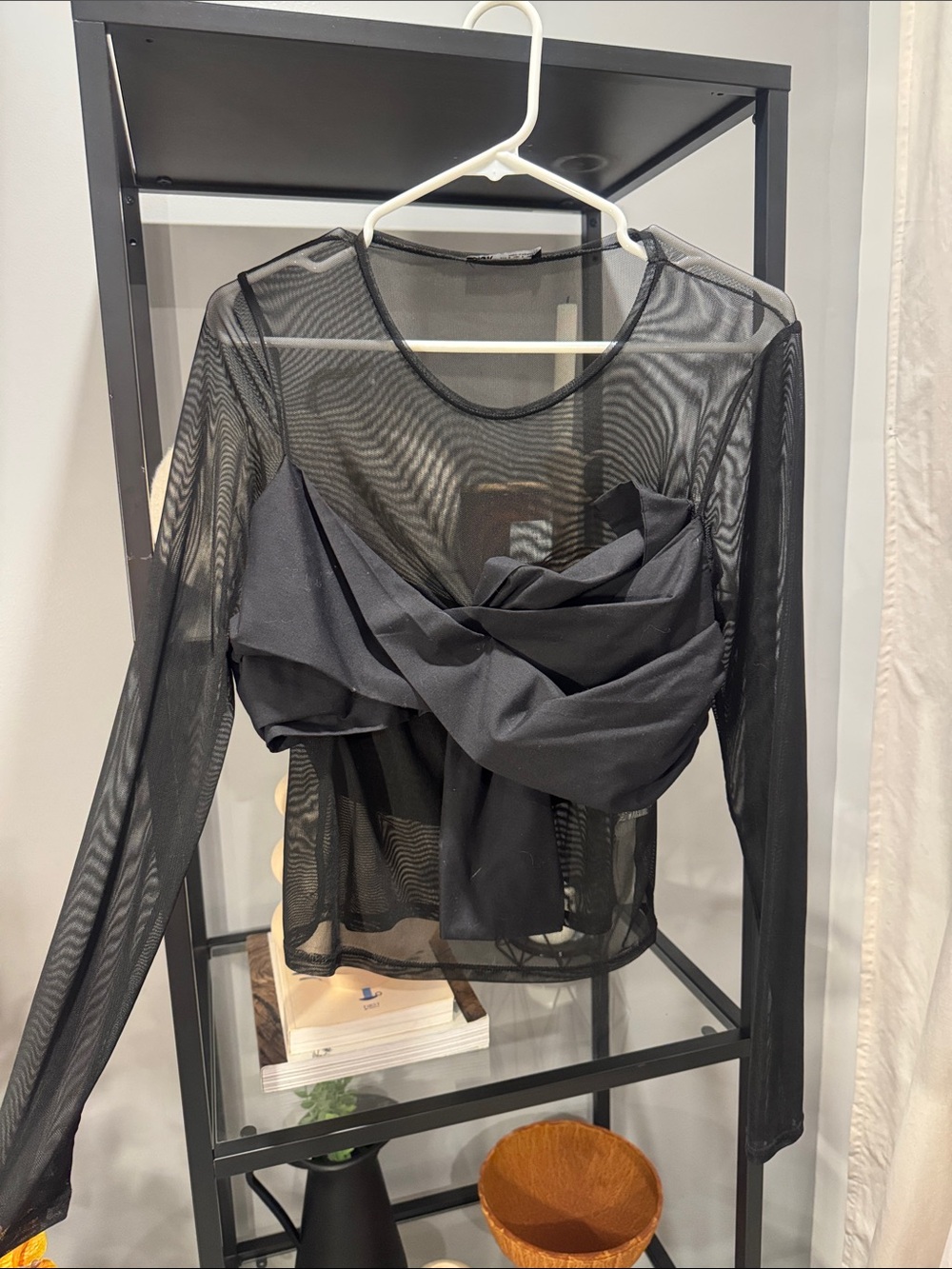 026. Zara Black Sheer Long-Sleeve Twist-Detail Top